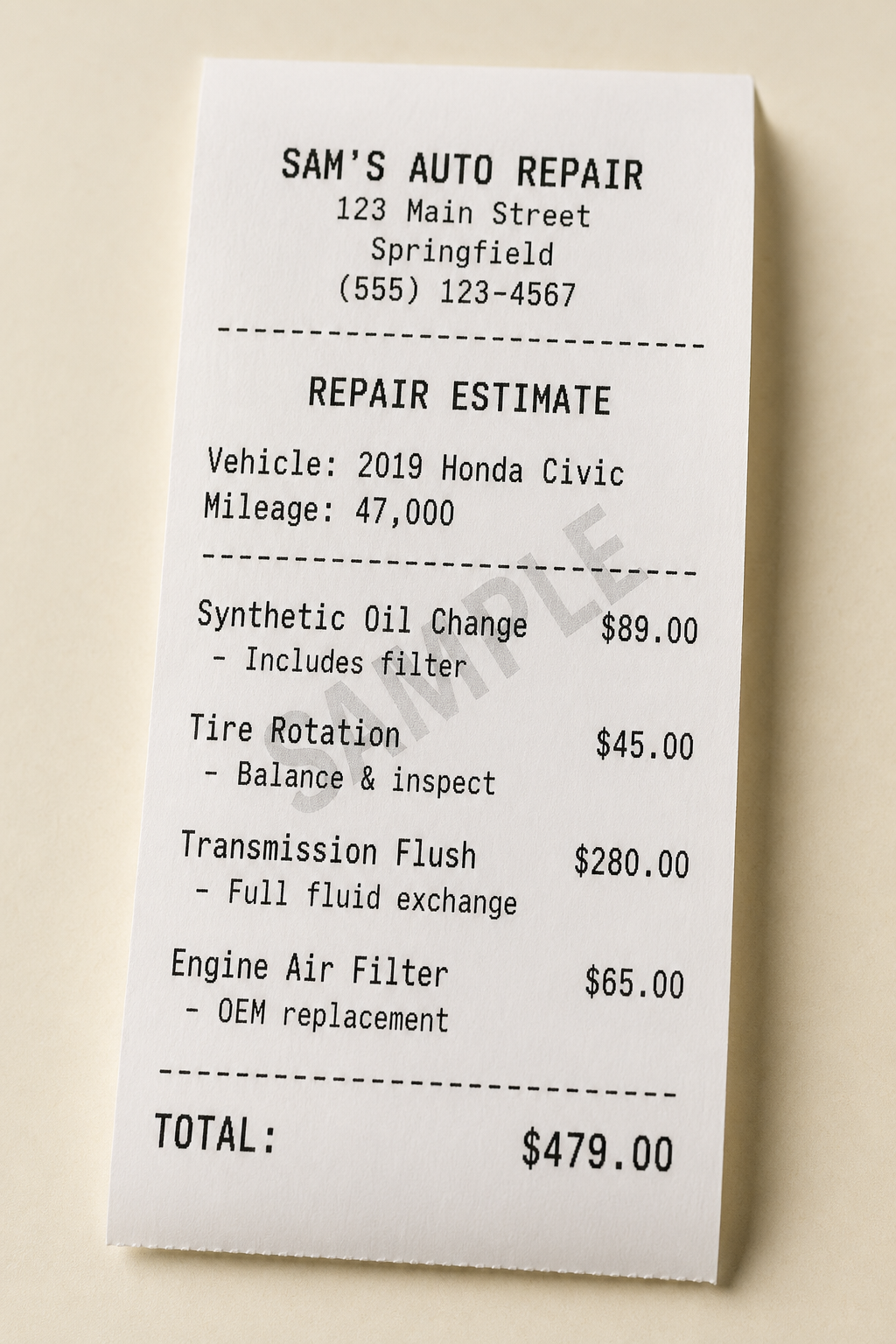 Sample auto repair estimate from Sam's Auto Repair totalling $479